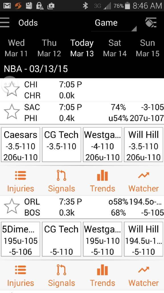 app showing live odds of vegas sports books